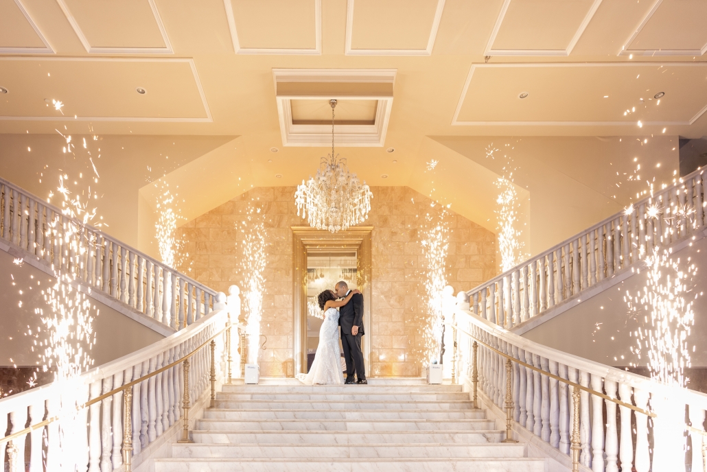 Bride and groom reception entrance with sparklers.